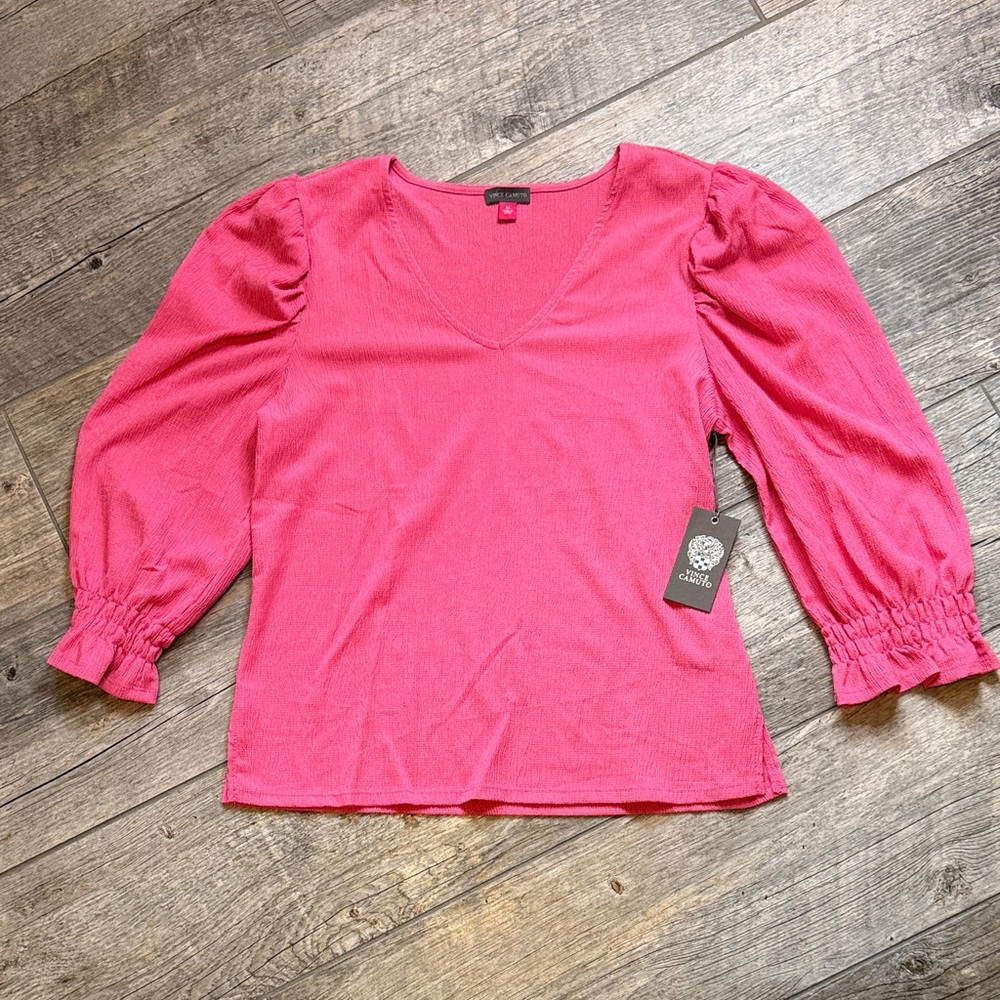 NWT Vince Camuto Bright Pink Blouse with Gathered Sleeves